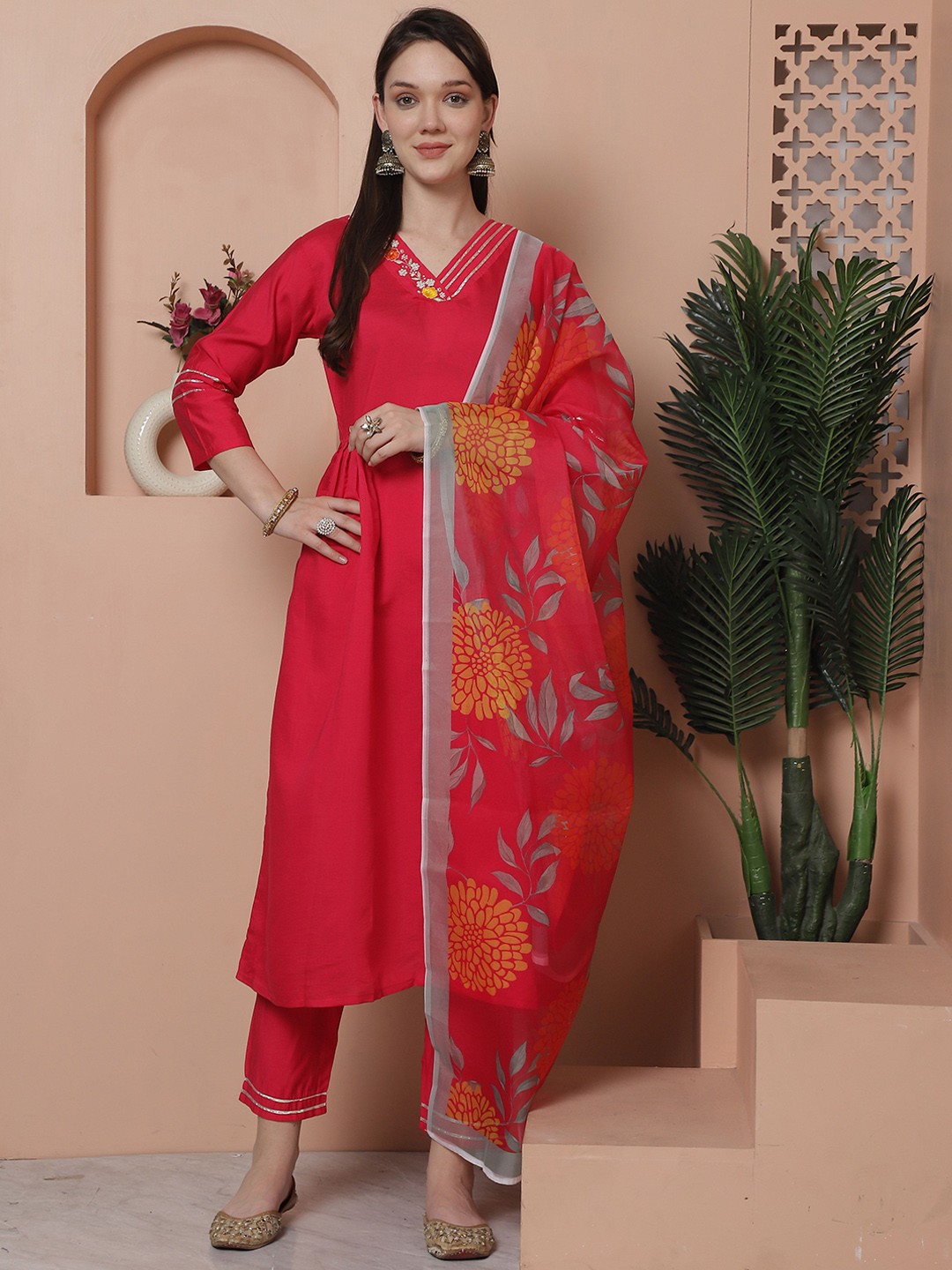 

KALINI Floral Yoke Design Regular Beads and Stones A-Line Kurta with Trousers & Dupatta, Pink