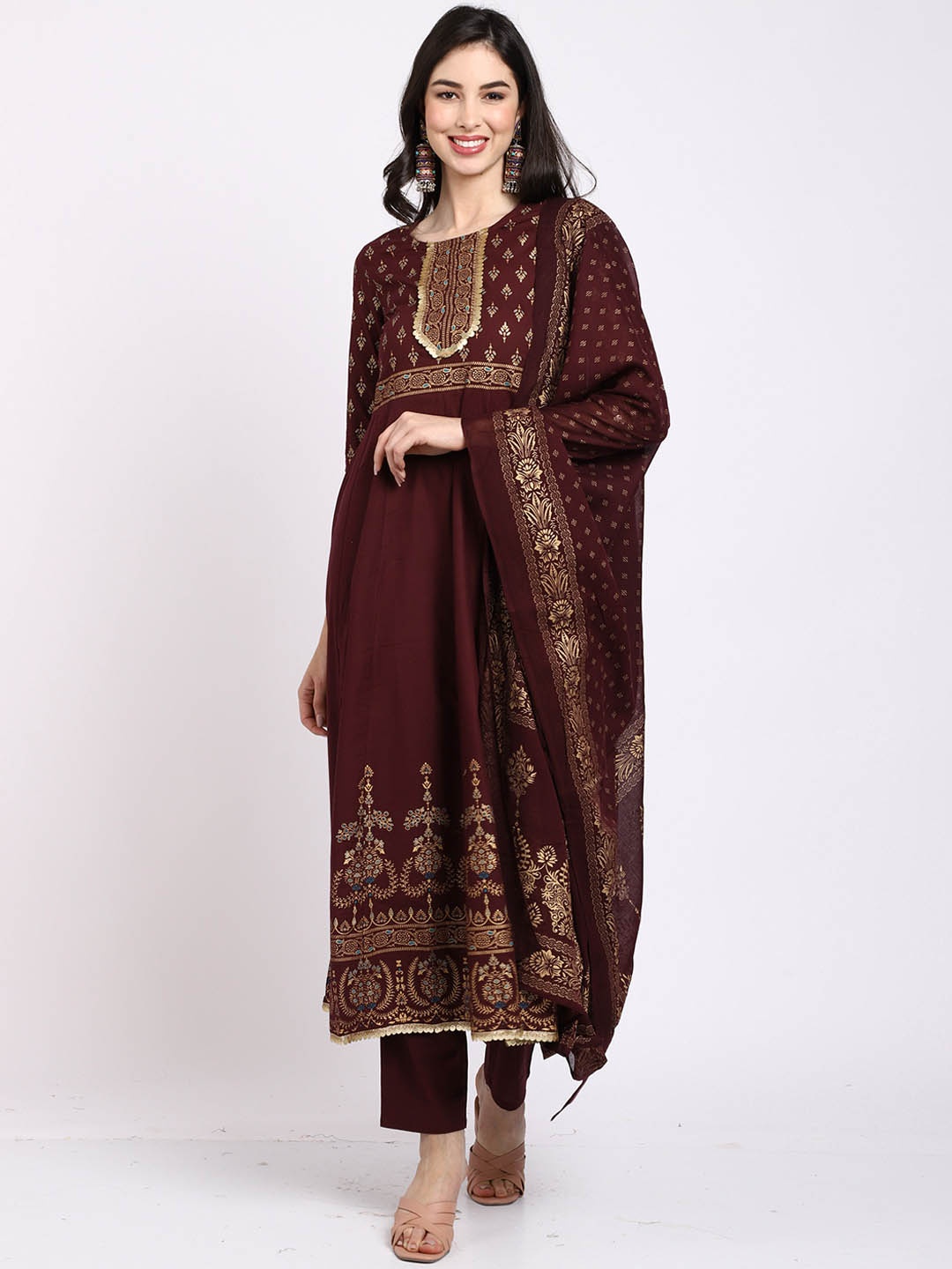 

KALINI Floral Printed Regular Pure Cotton A-Line Kurta with Trousers & With Dupatta, Maroon