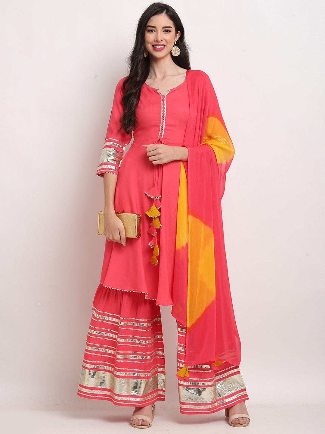 

KALINI Notched Neck Gotta Patti Pure Cotton A-Line Kurta with Palazzos & Dupatta, Pink