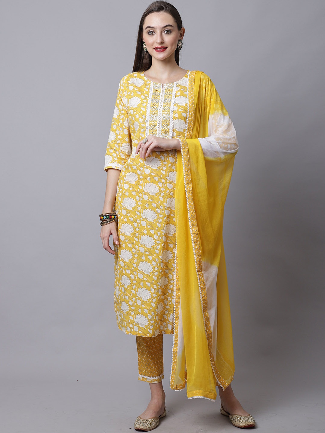 

KALINI Floral Printed Regular Thread Work Pure Cotton Kurta with Trousers & With Dupatta, Yellow