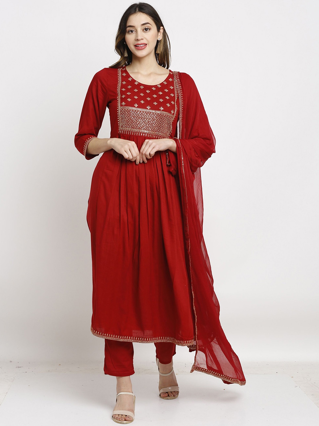 

KALINI Floral Yoke Design Sequinned A-Line Kurta with Trousers & Dupatta, Maroon