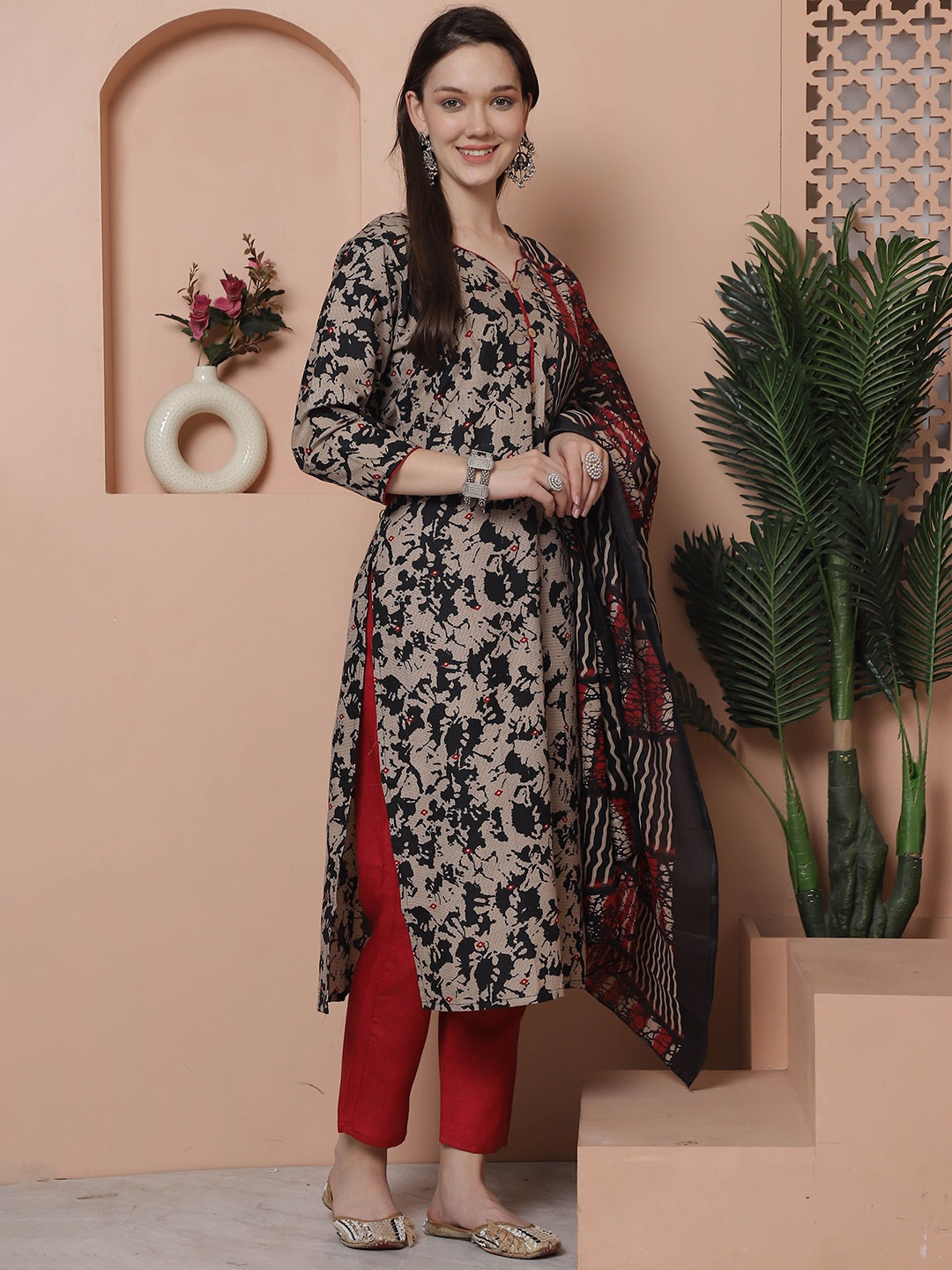 

KALINI Abstract Printed Notched Neck Straight Kurta with Trousers & Dupatta, Beige