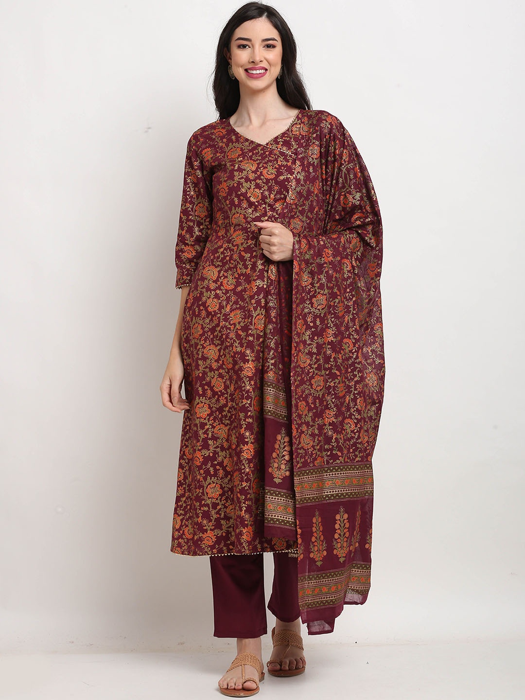 

KALINI Floral Printed Gotta Patti Pure Cotton A-Line Kurta with Trousers & Dupatta, Maroon