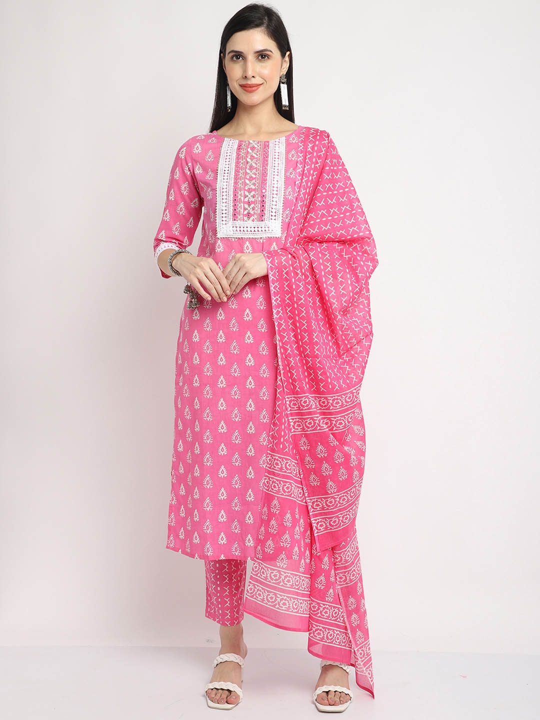 

KALINI Floral Printed Regular Mirror Work Pure Cotton Kurta with Trousers & Dupatta, Pink