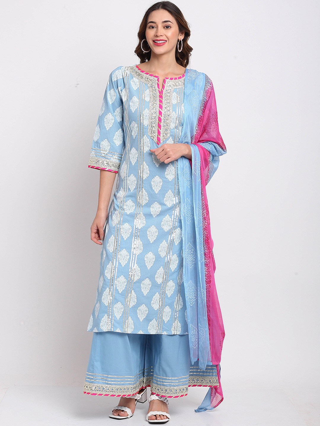 

KALINI Ethnic Motifs Printed Regular Gotta Patti Pure Cotton Kurta with Palazzos & Dupatta, Blue