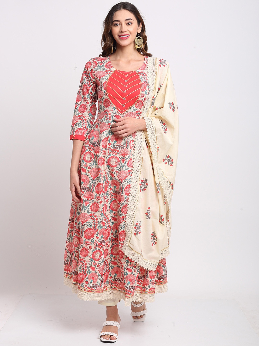 

KALINI Floral Printed Pure Cotton A-Line Kurta With Trouser & Dupatta, Beige