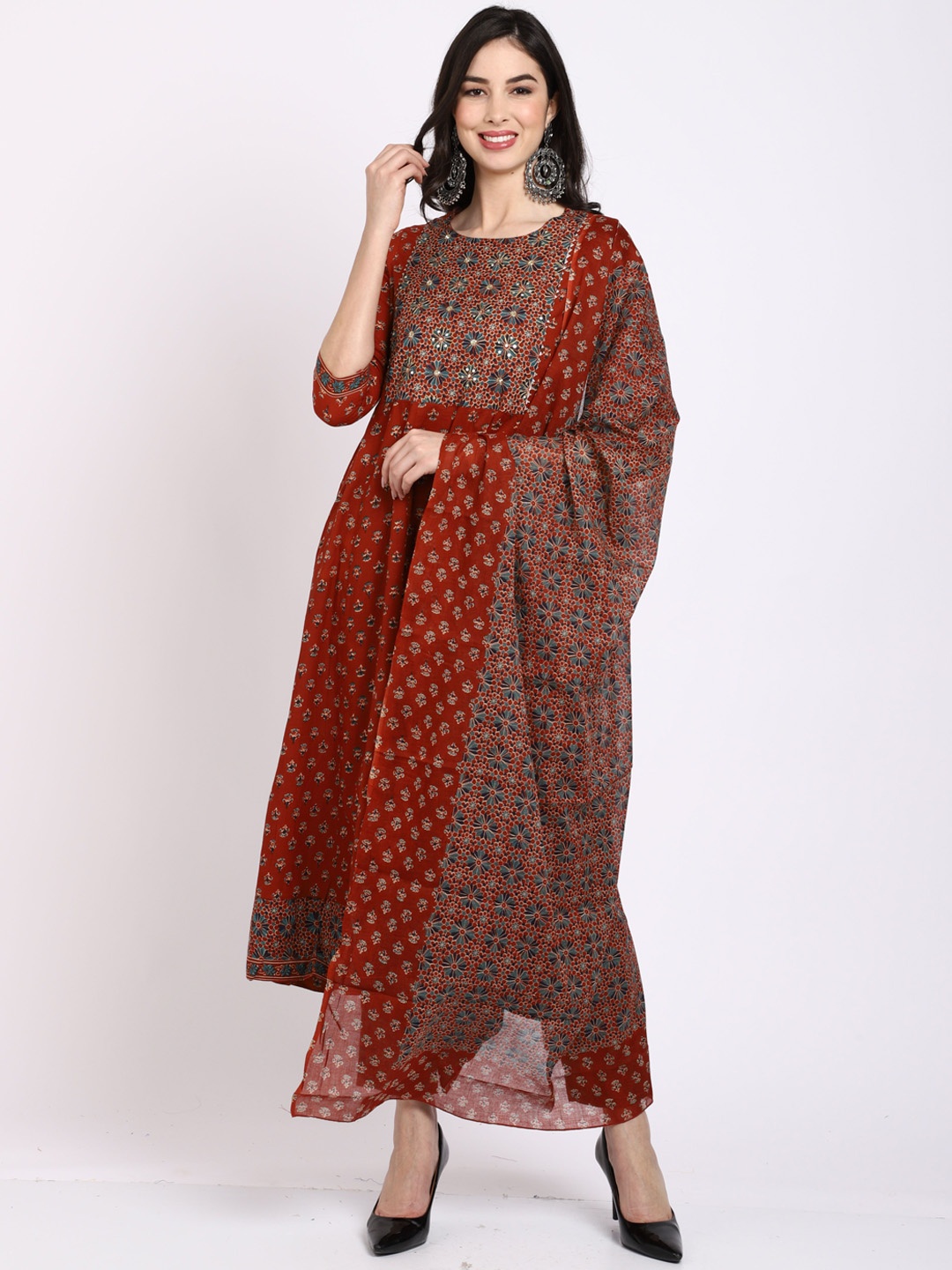 

KALINI Floral Printed Regular Pure Cotton Kurta with Trousers & With Dupatta, Brown