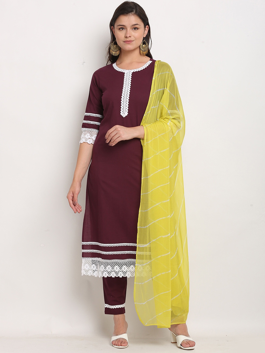 

KALINI Floral Embroidered Regular Pure Cotton Kurta with Trousers & With Dupatta, Maroon