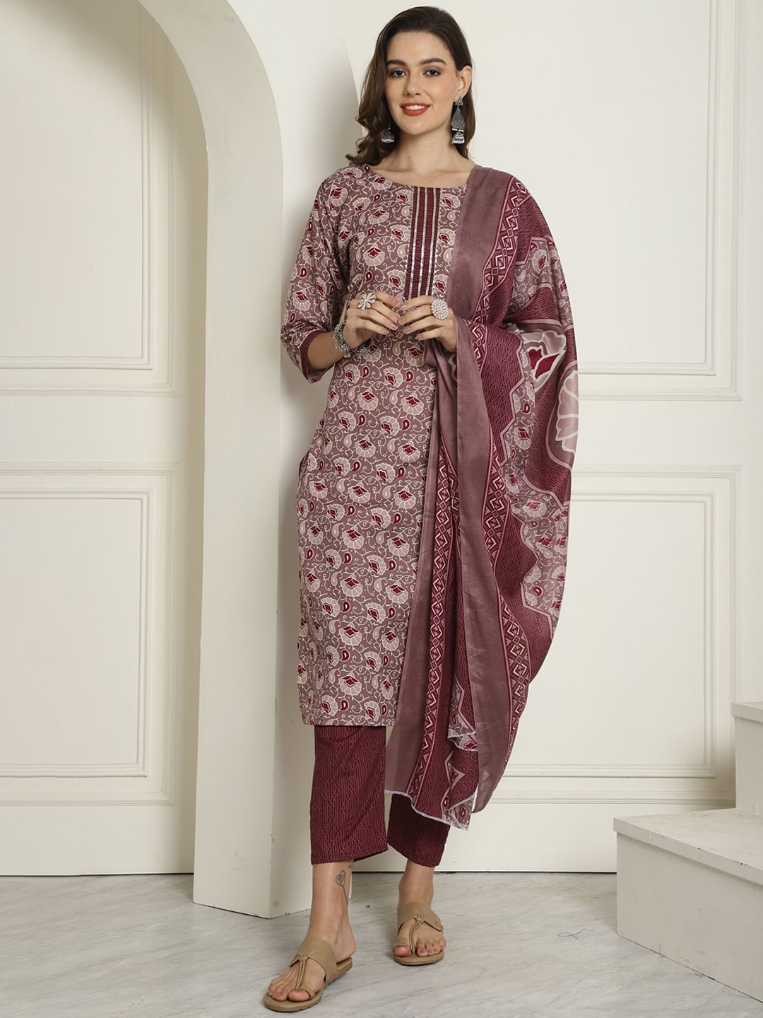 

KALINI Floral Printed Regular Straight Kurta With Trousers & Dupatta, Violet