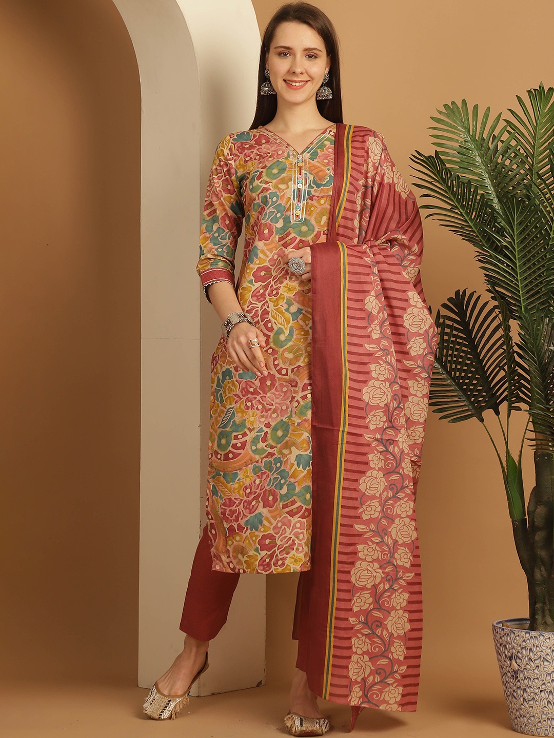 

KALINI Floral Printed Gotta Patti Straight Kurta With Trousers & Dupatta, Rust
