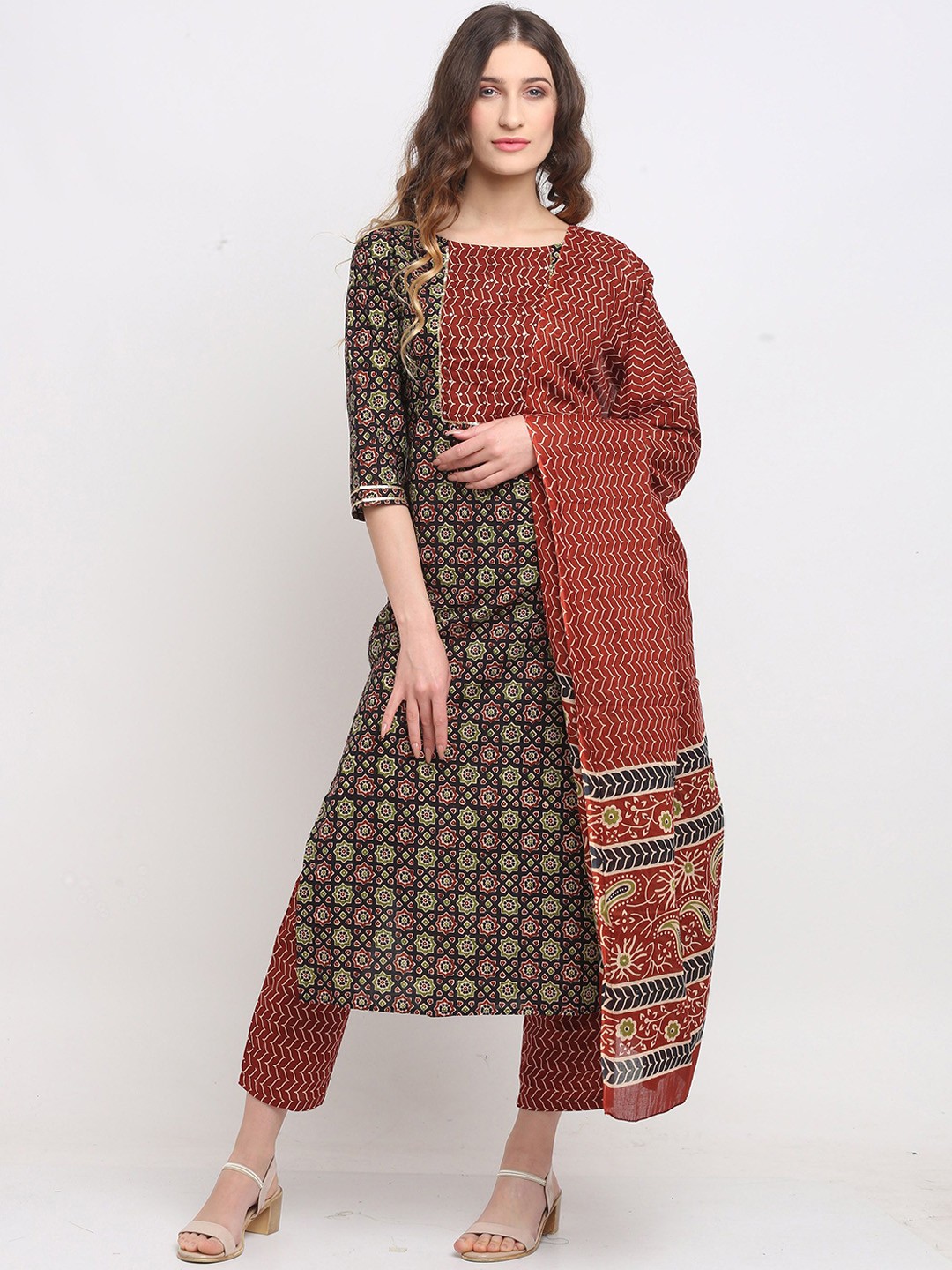 

KALINI Printed Boat Neck Sequinned Pure Cotton Straight Kurta with Trousers & Dupatta, Brown