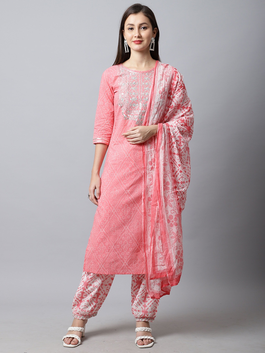 

KALINI Bandhani Printed Regular Thread Work Pure Cotton Kurta with Salwar & Dupatta, Peach