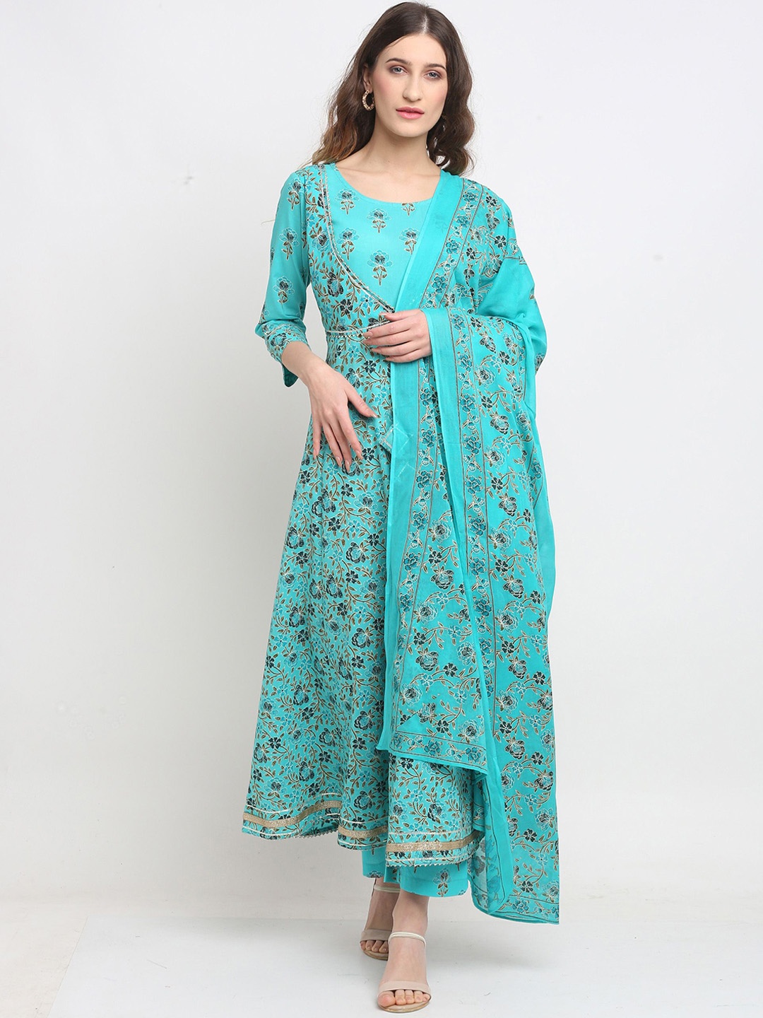 

KALINI Floral Printed Pure Cotton A-Line Kurta With Trouser & Dupatta, Blue