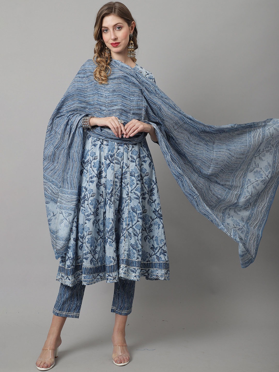 

KALINI Floral Printed Pure Cotton Straight Kurta With Trousers & Dupatta, Blue