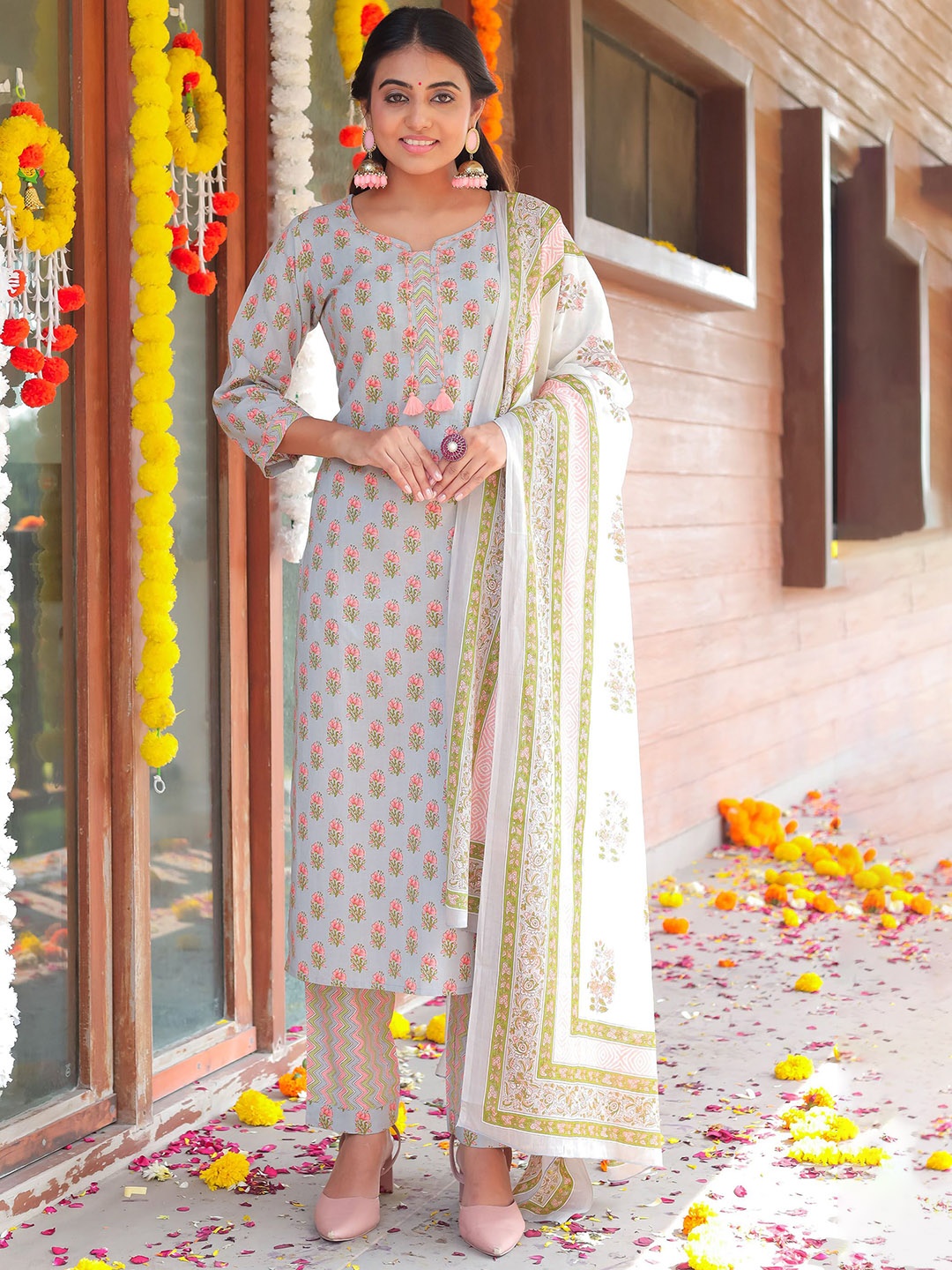 

KALINI Floral Printed Pure Cotton Straight Kurta with Trousers & Dupatta, Grey