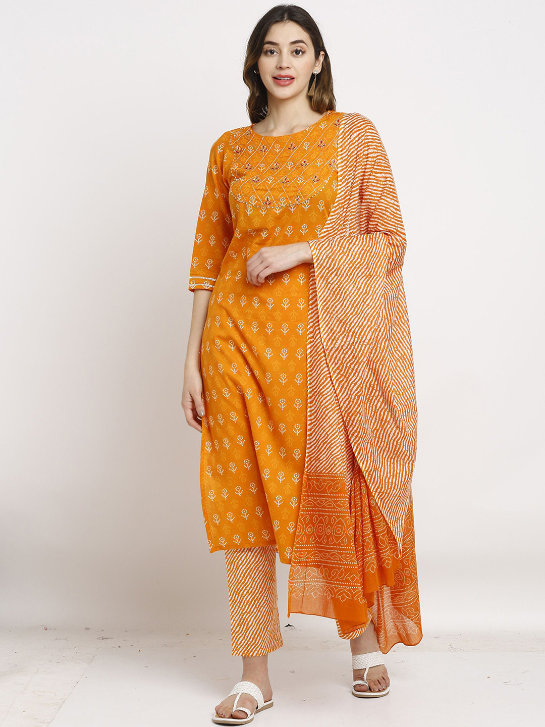 

KALINI Bandhani Printed Gotta Patti Pure Cotton Straight Kurta with Trousers & Dupatta, Orange