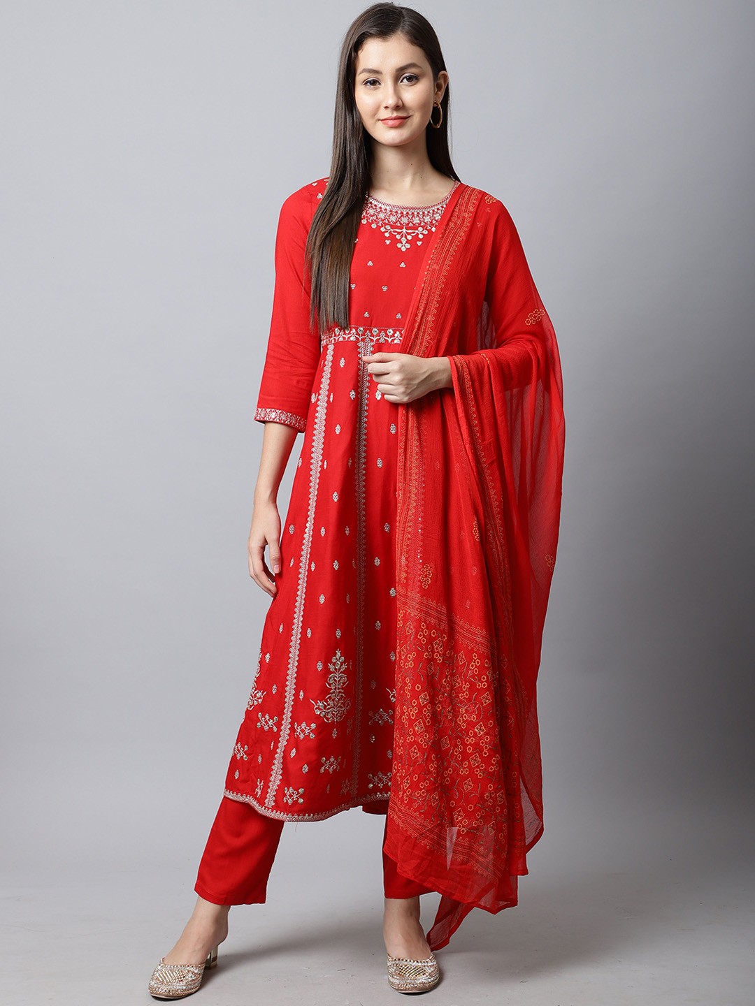 

KALINI Ethnic Motifs Embroidered Thread Work A-Line Kurta With Trousers & Dupatta, Red