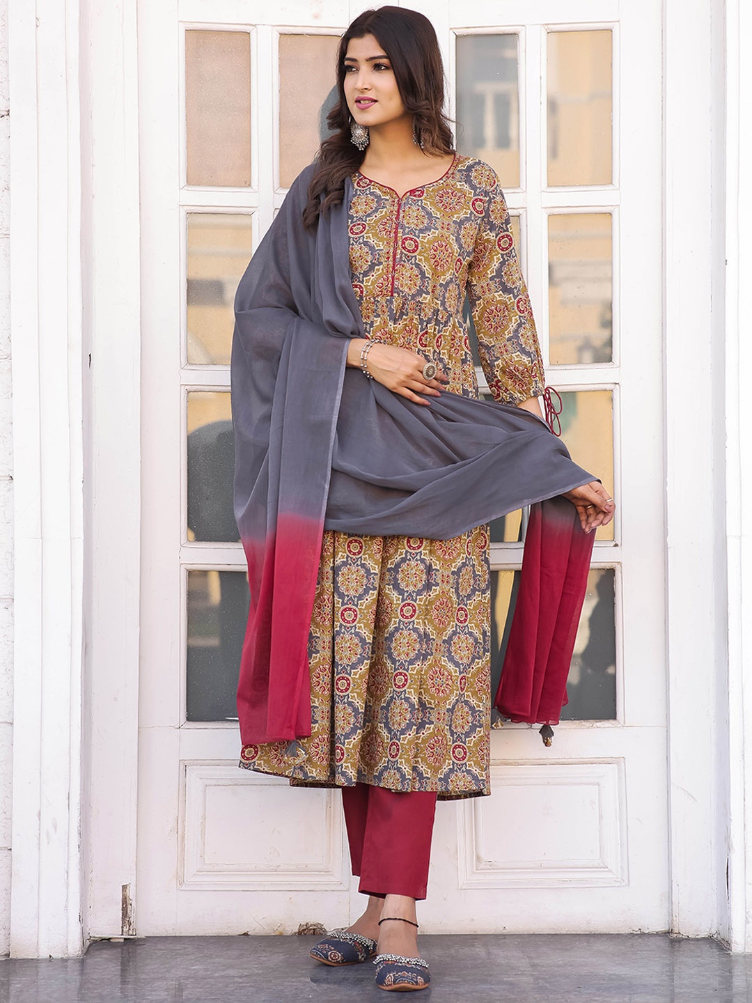 

KALINI Ethnic Motifs Printed A-Line Pure Cotton Kurta with Trousers & Dupatta, Green