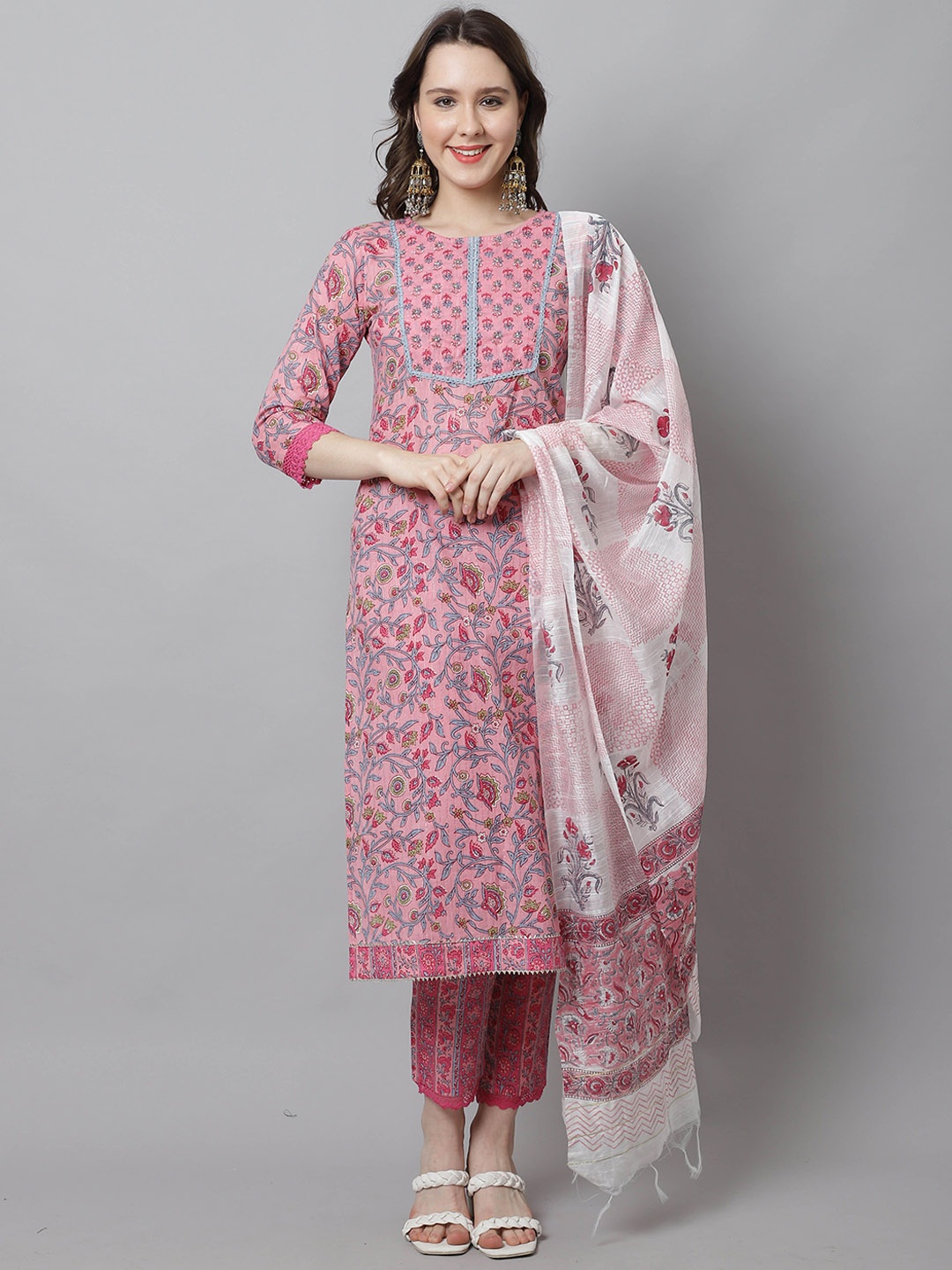 

KALINI Floral Printed Round Neck Pure Cotton Straight Kurta With Trousers & Dupatta, Pink