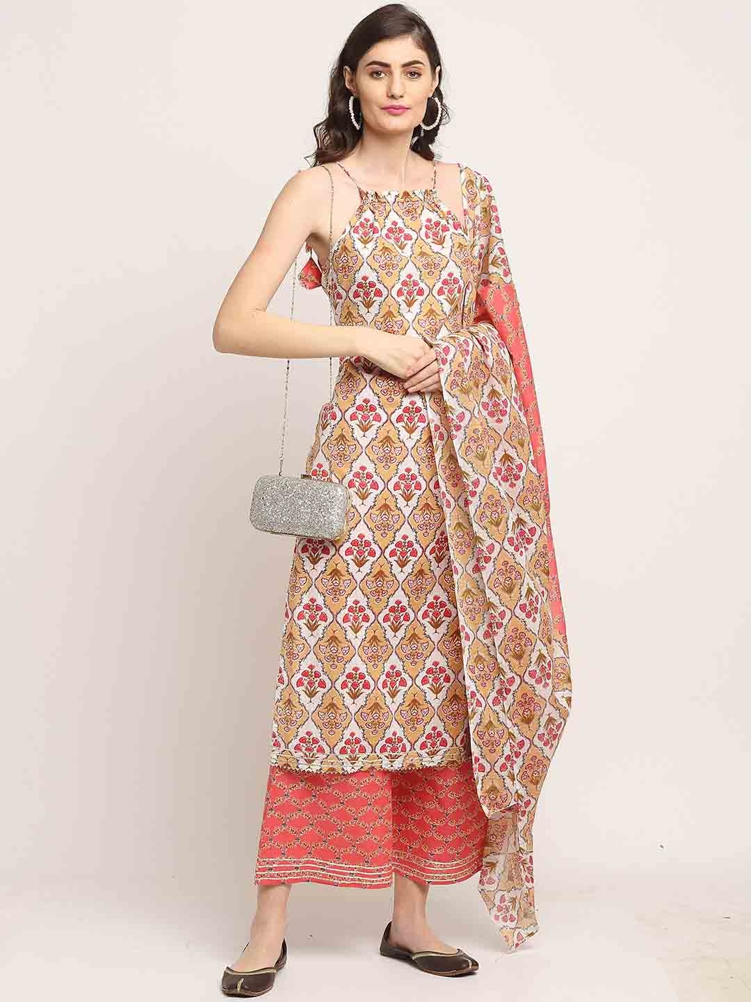 

KALINI Floral Printed Shoulder Straps Pure Cotton Straight Kurta & Palazzos & Dupatta, White