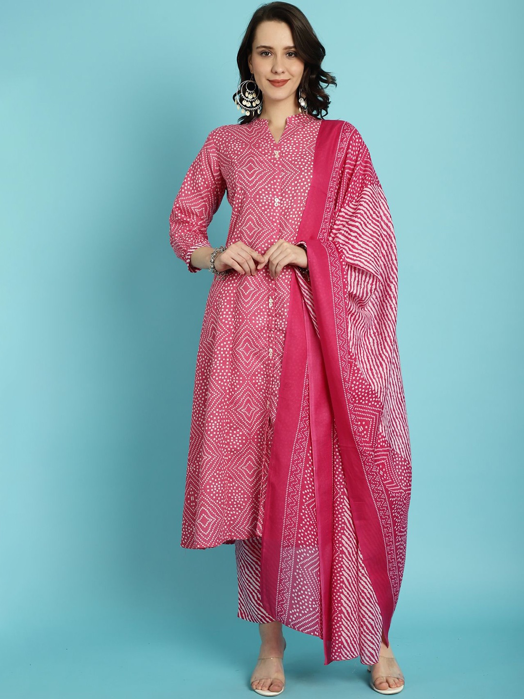 

KALINI Bandhani Printed Mandarin Collar A-Line Kurta with Trousers & Dupatta, Pink