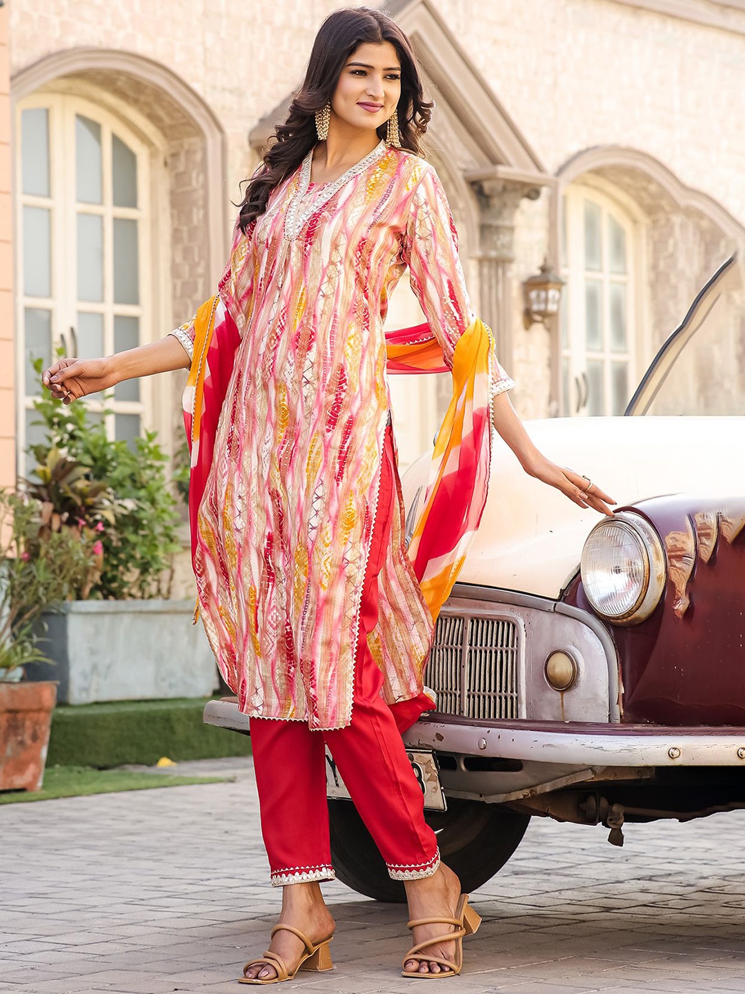 

KALINI Floral Printed Straight Mirror Work Kurta with Trousers & Dupatta, Pink