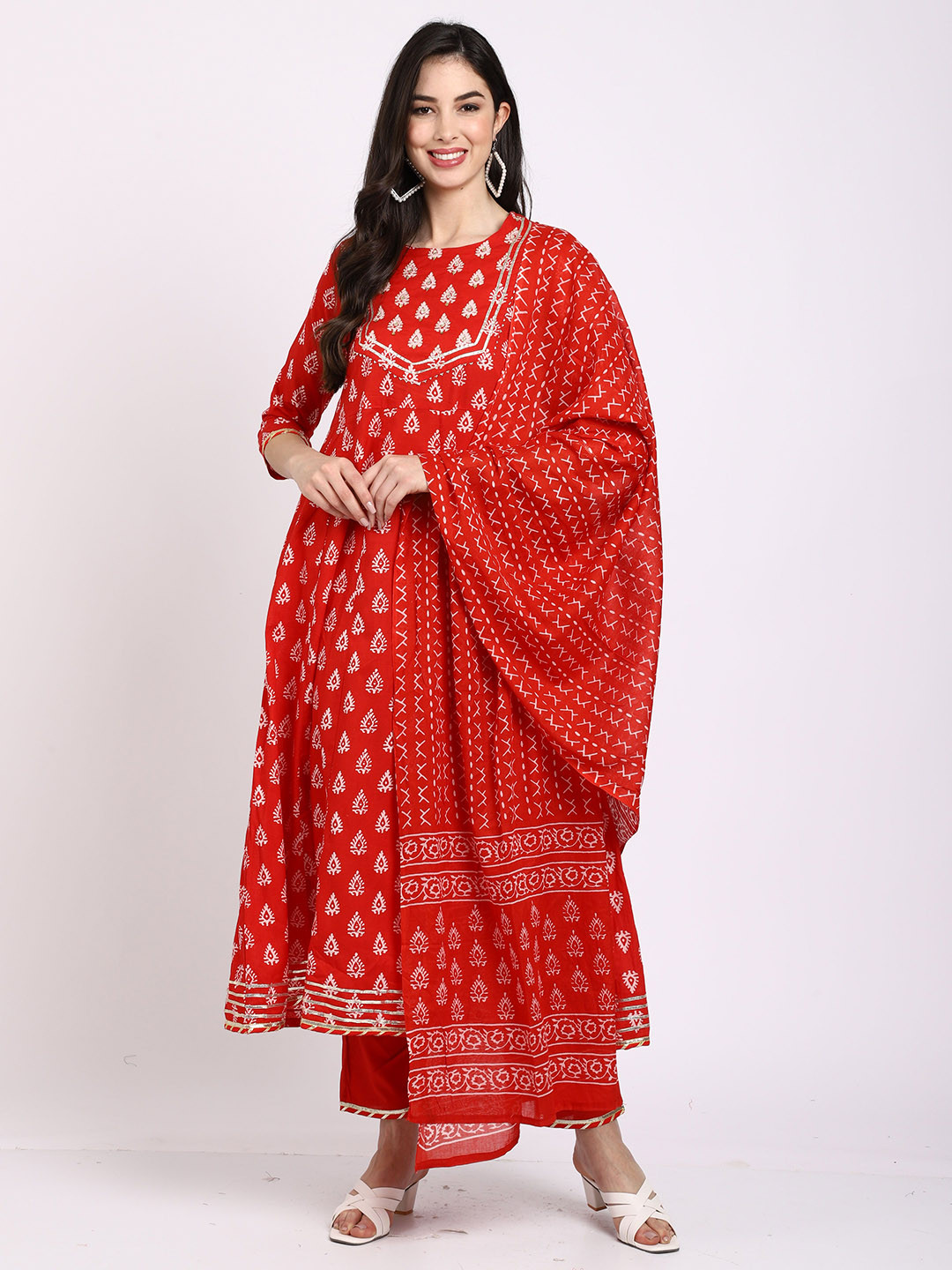

KALINI Floral Embroidered Regular Pure Cotton Kurta with Trousers & With Dupatta, Red