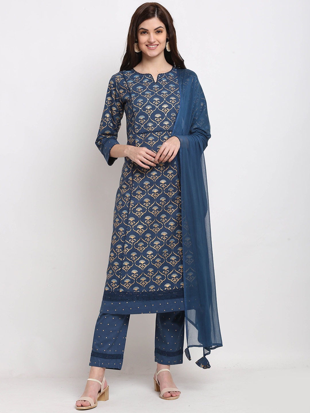 

KALINI Floral Printed Regular Pure Cotton Kurta with Trousers & With Dupatta, Blue