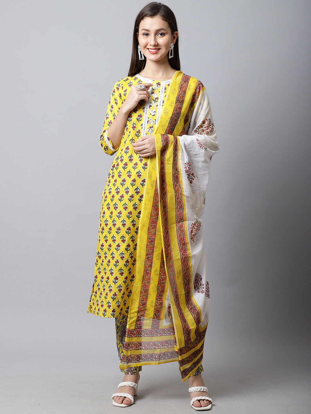 

KALINI Floral Printed Pure Cotton Straight Kurta With Trousers & Dupatta, Yellow