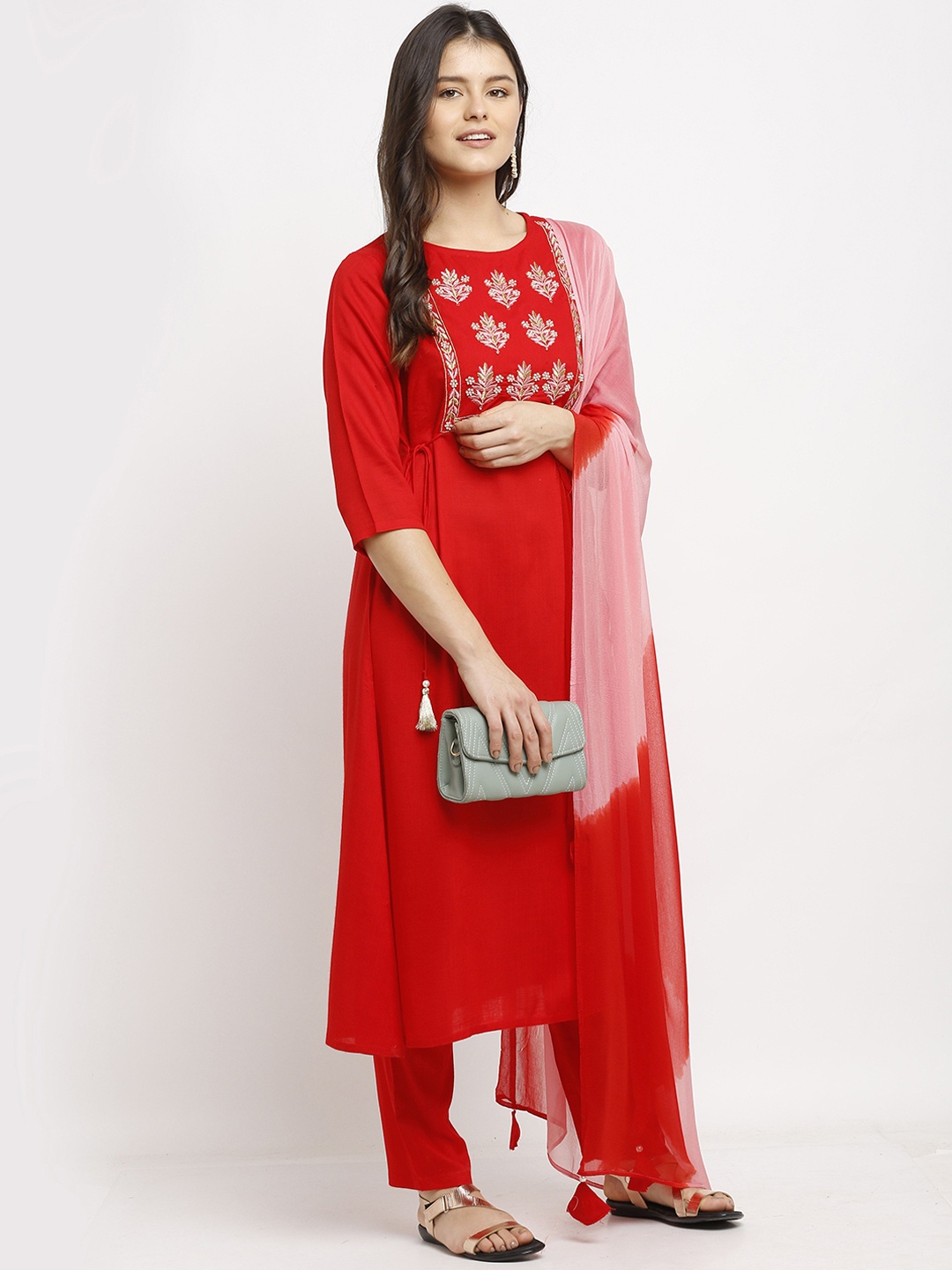

KALINI Floral Yoke Design Beads & Stones A-Line Kurta with Trousers & Dupatta, Red