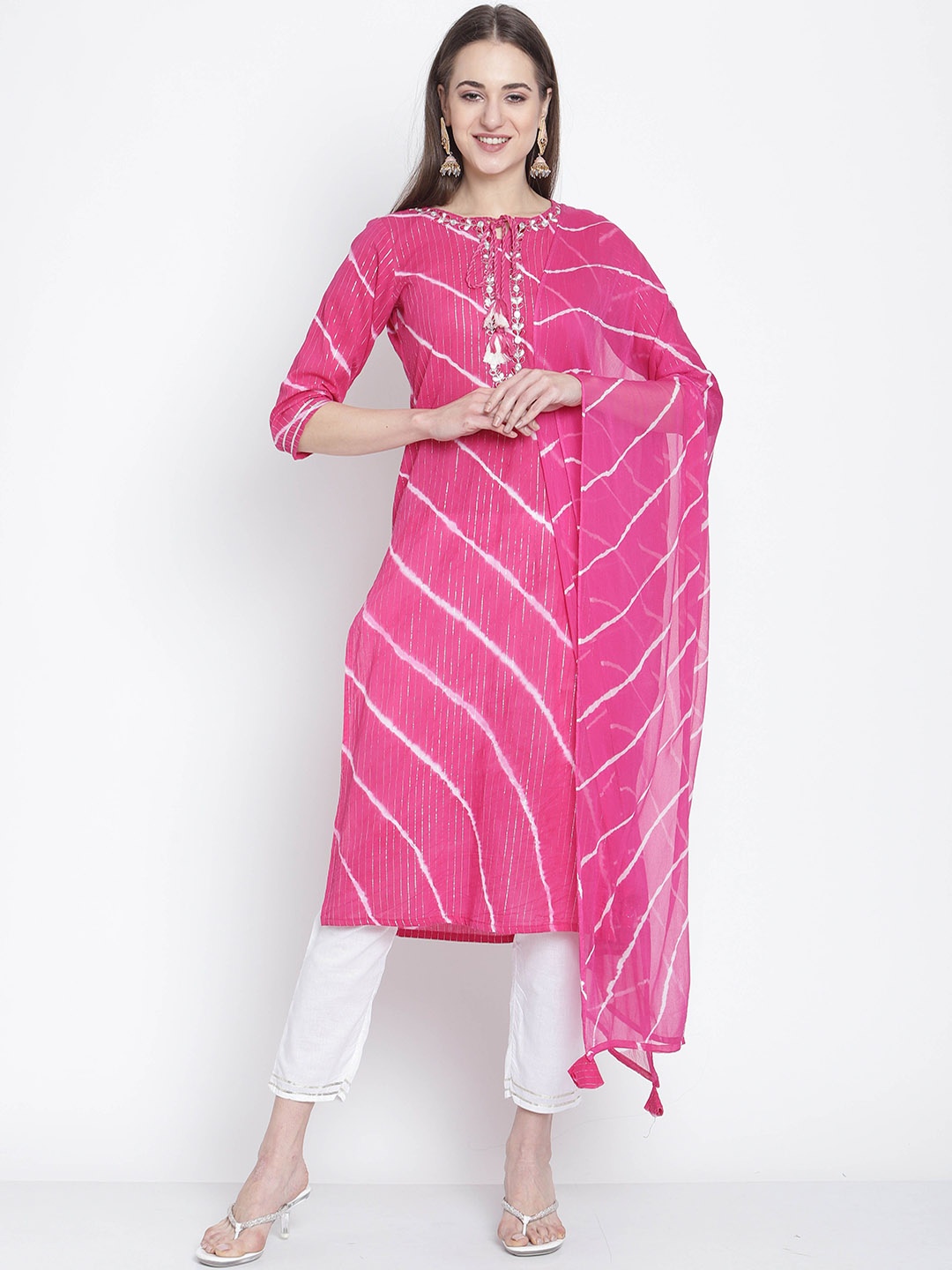 

KALINI Striped Embroidered Regular Pure Cotton Kurta with Trousers & Dupatta, Pink