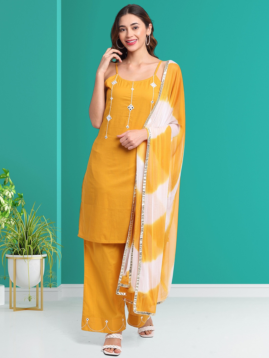 

KALINI Floral Embroidered Regular Pure Cotton Straight Kurta Set, Yellow