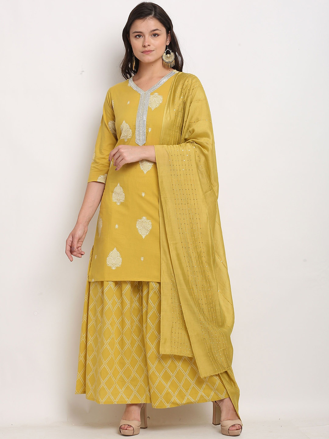 

KALINI Floral Printed Regular Sequinned Pure Cotton Kurta with Sharara & With Dupatta, Yellow