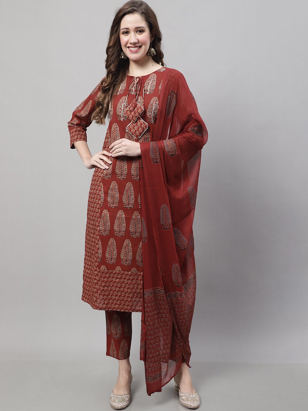 

KALINI Floral Printed Regular Pure Cotton Kurta with Trousers & With Dupatta, Brown