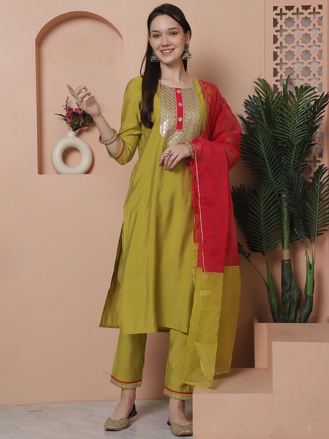 

KALINI Floral Yoke Design Sequinned Straight Kurta with Trousers & Dupatta, Lime green