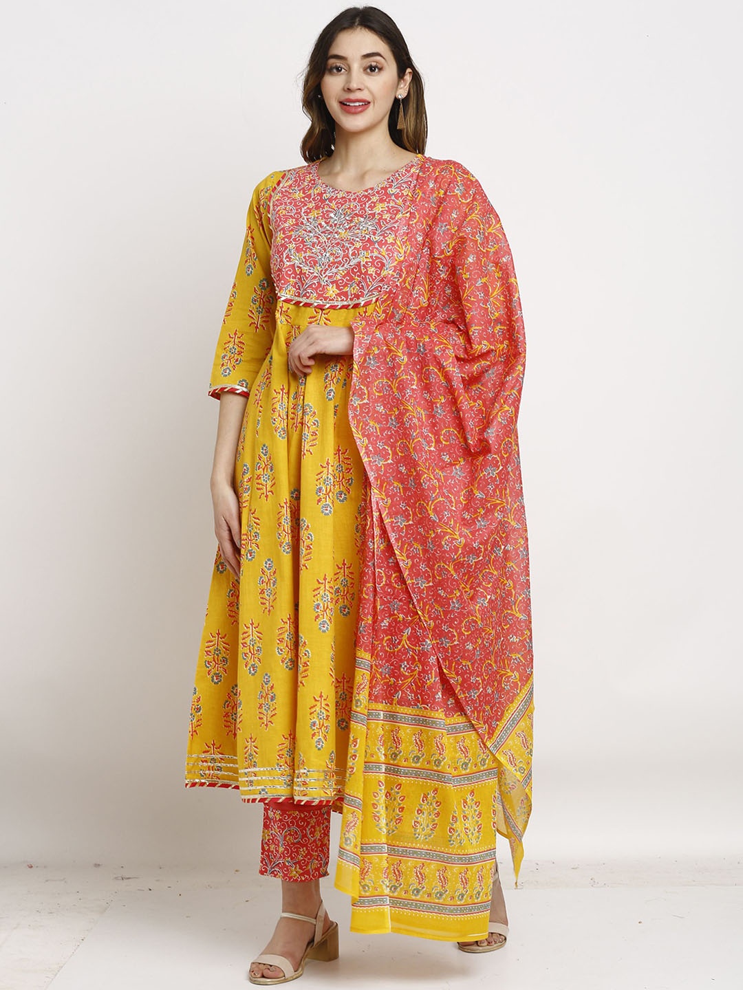 

KALINI Floral Printed Thread Work Pure Cotton A-Line Kurta with Trousers & Dupatta, Yellow