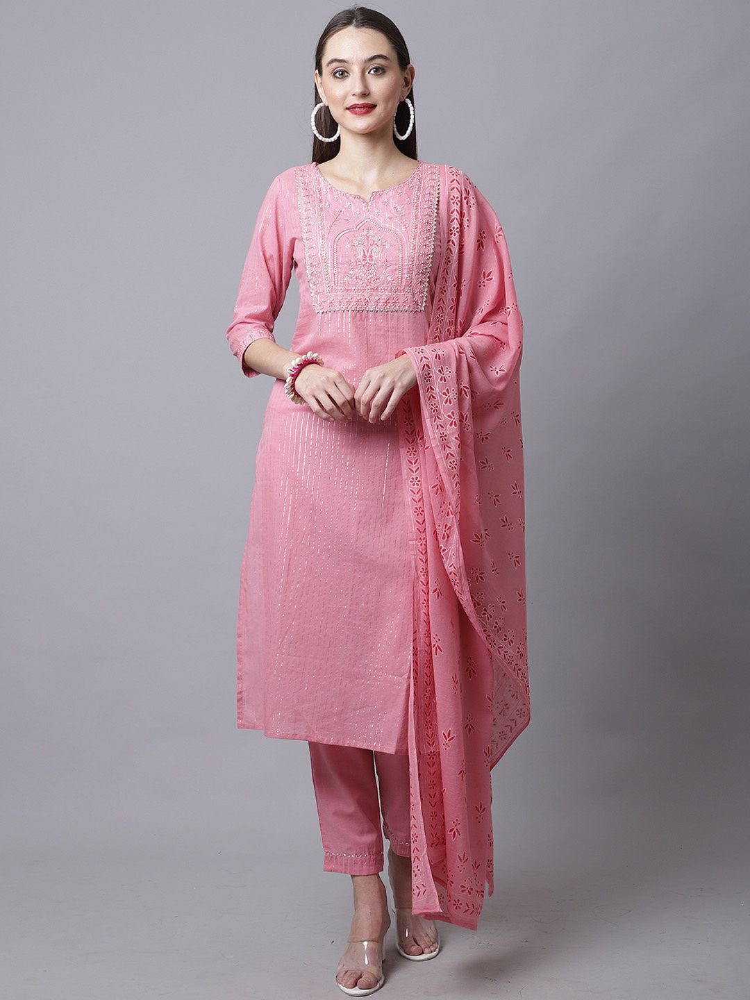 

KALINI Floral Embroidered Thread Work Pure Cotton Straight Kurta With Trousers & Dupatta, Pink