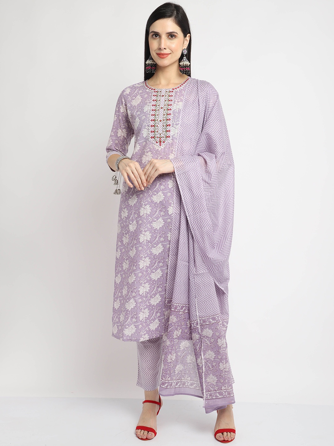 

KALINI Floral Printed Thread Work Pure Cotton Straight Kurta With Trousers & Dupatta, Purple