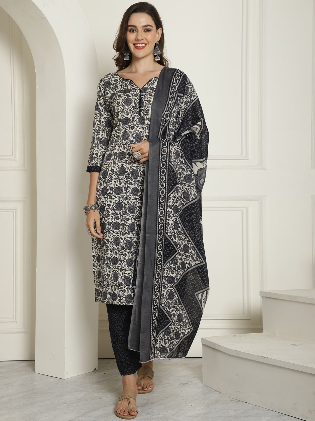 

KALINI Floral Printed Regular Pure Cotton Straight Kurta With Trousers & Dupatta, Off white