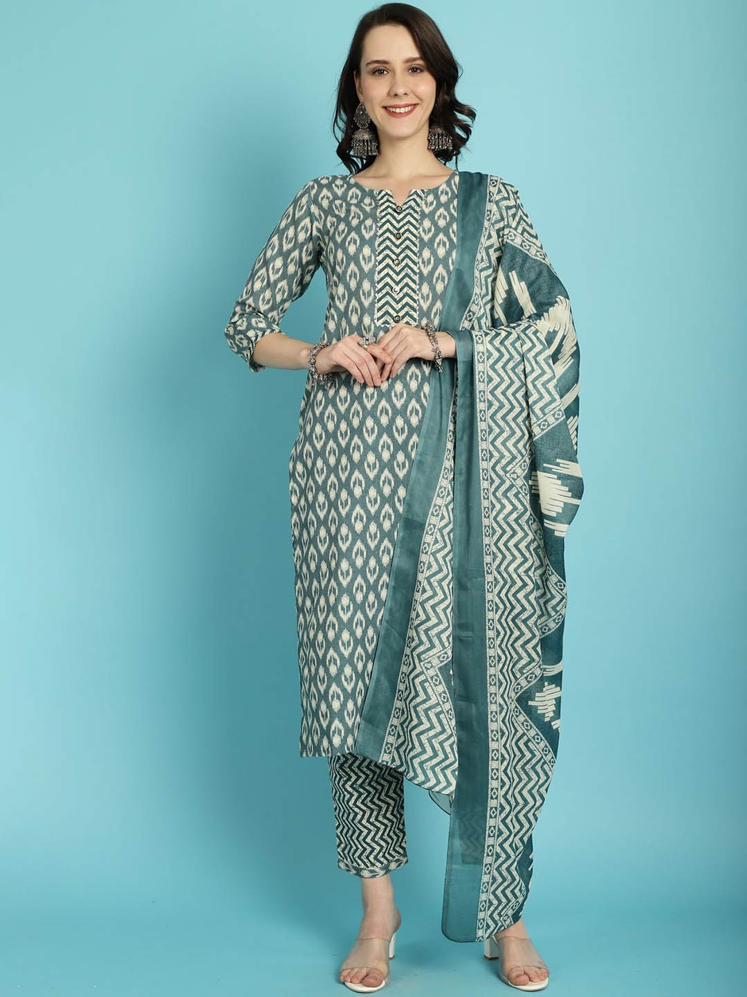 

KALINI Floral Printed Regular Pure Cotton Straight Kurta Set, Sea green