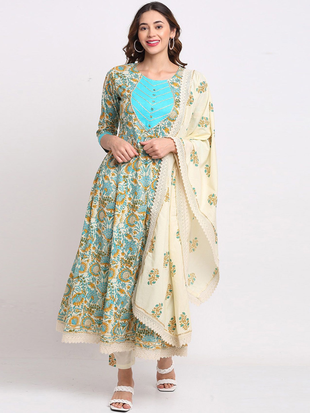 

KALINI Floral Printed Pure Cotton Anarkali Kurta With Trouser & Dupatta, Beige