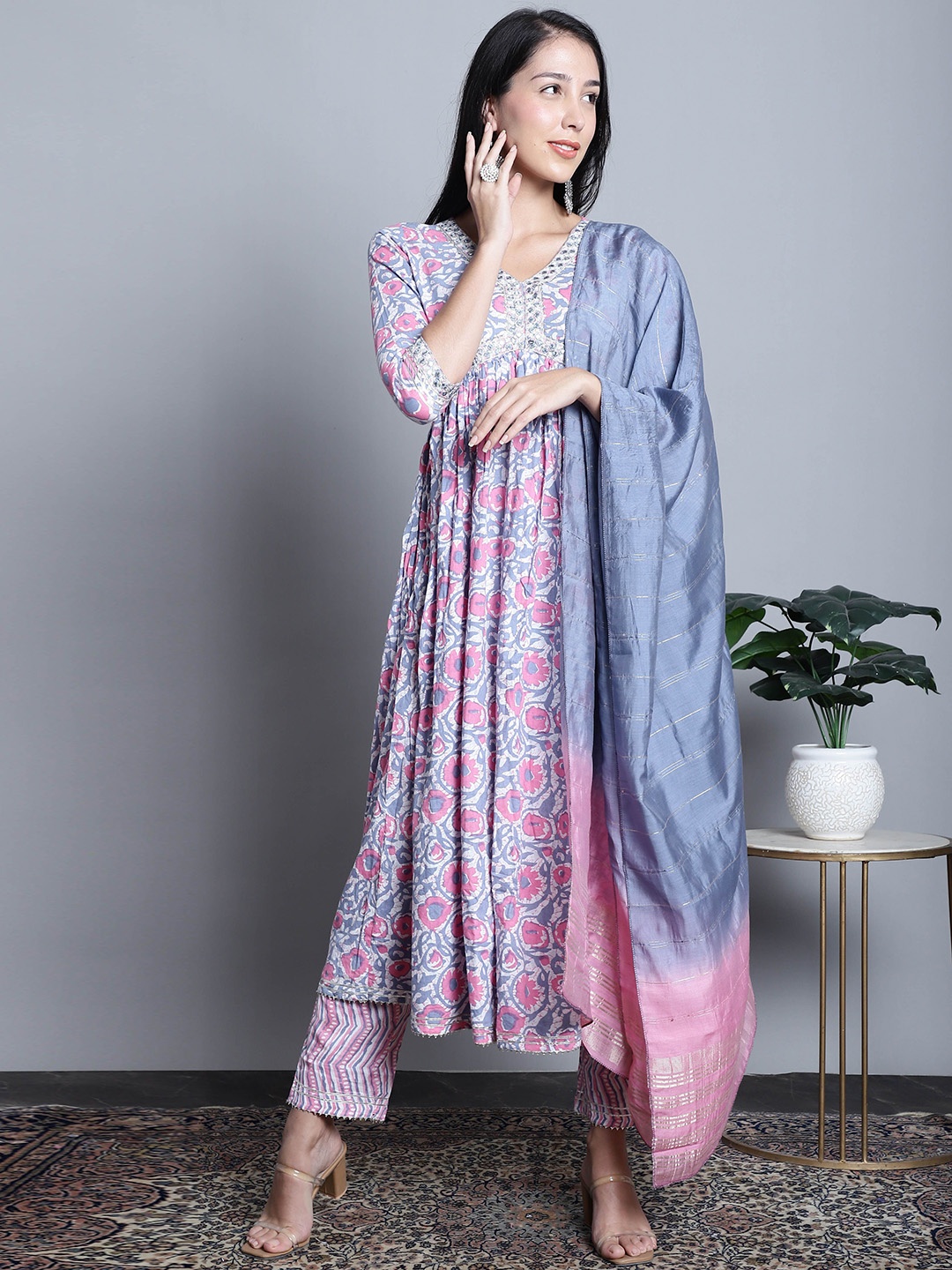 

KALINI Floral Printed Empire Pure Cotton Kurta with Trousers & Dupatta, Pink