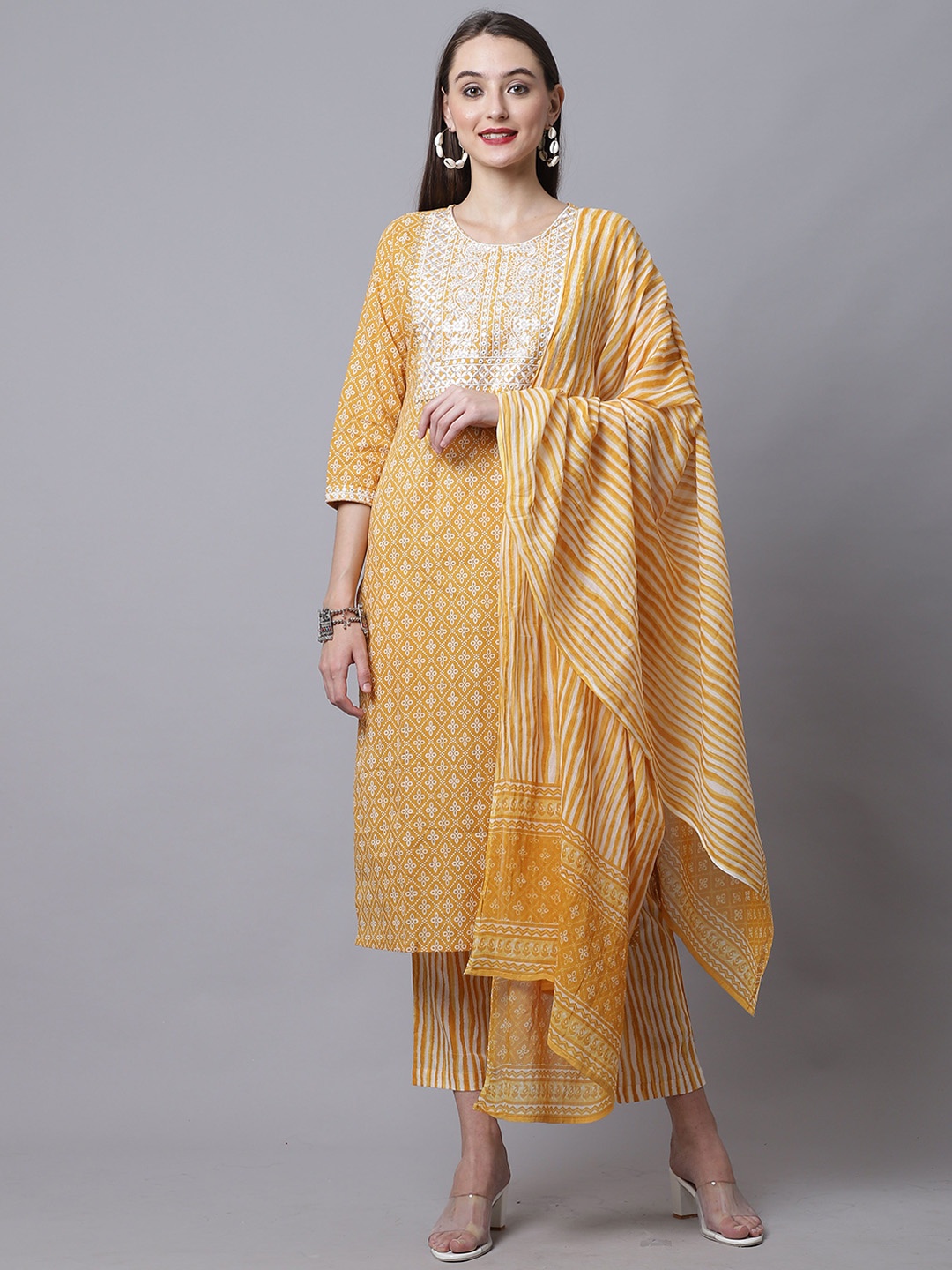 

KALINI Floral Printed Round Neck Pure Cotton Straight Kurta With Trousers & Dupatta, Mustard