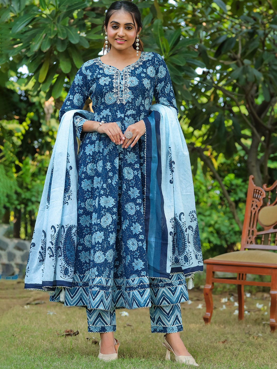 

KALINI Floral Printed A-Line Pure Cotton Kurta with Trousers & Dupatta, Blue