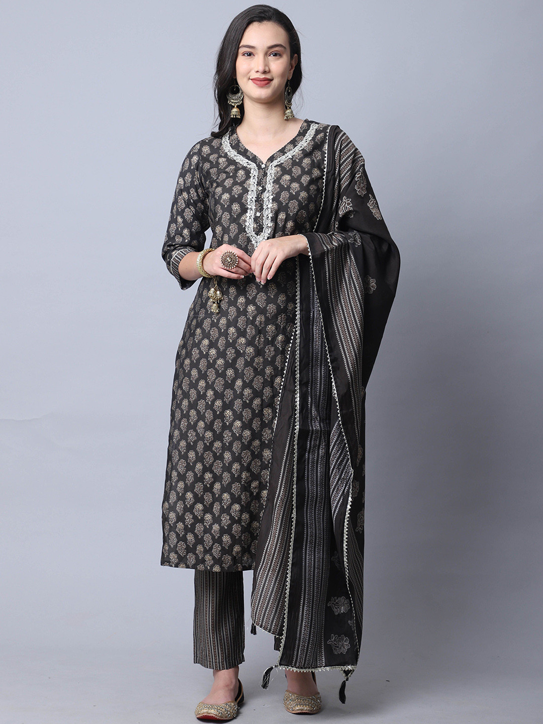 

KALINI Floral Printed V-Neck Pure Cotton Straight Kurta with Trousers & Dupatta, Grey