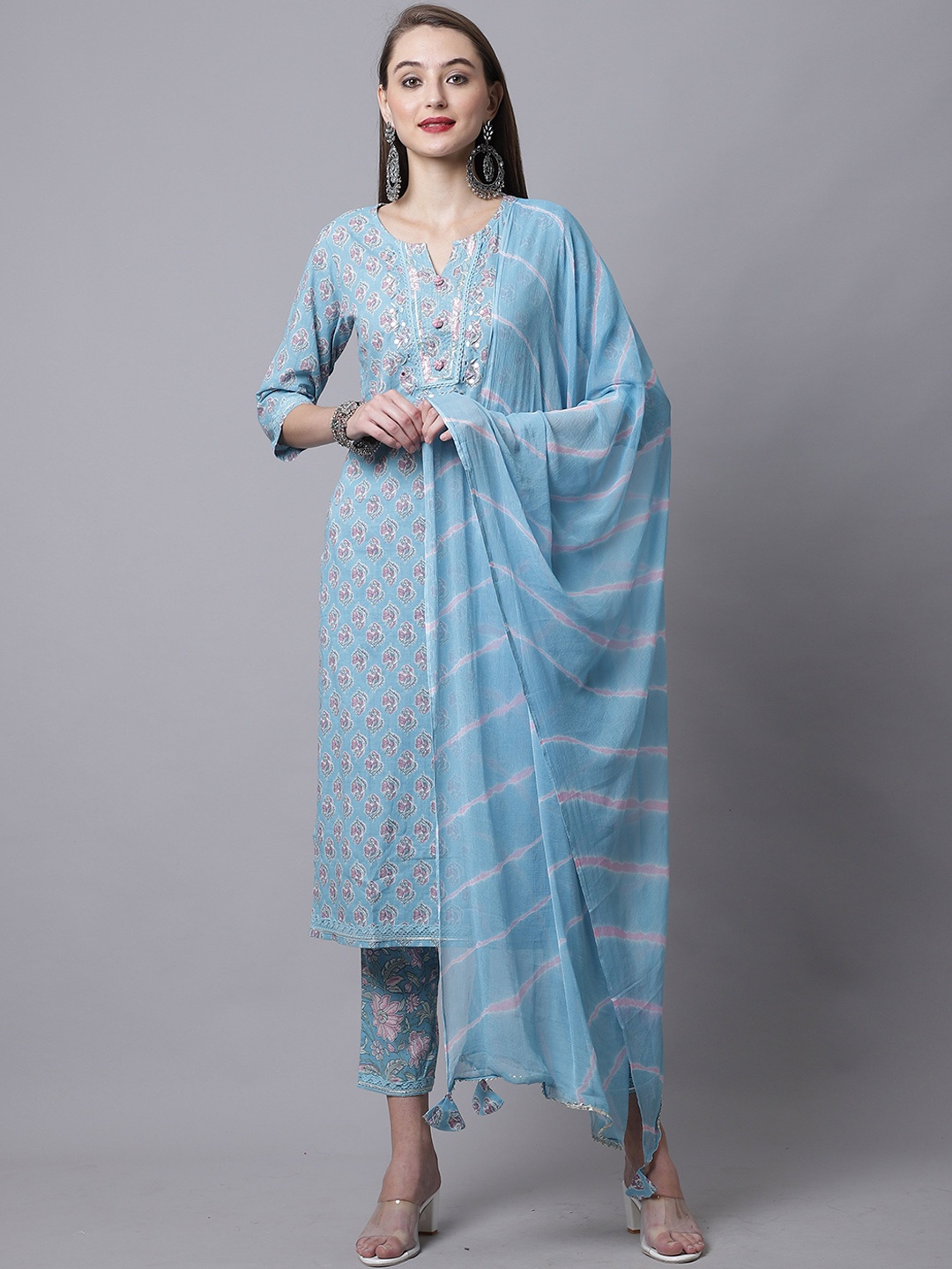 

KALINI Floral Printed Notched Neck Mirror Work Pure Cotton Kurta With Trousers & Dupatta, Blue