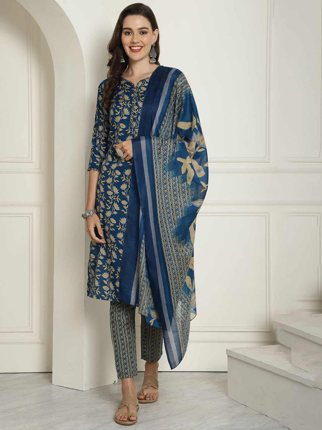 

KALINI Floral Printed Straight Pure Cotton Kurta with Trousers & Dupatta, Teal