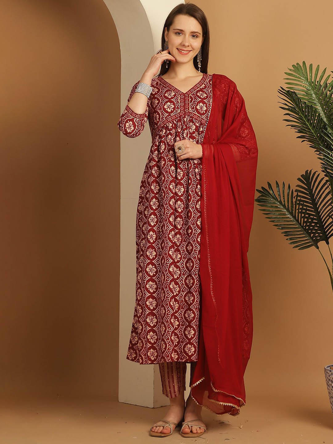 

KALINI Floral Printed Empire Anarkali Kurta With Trousers & Dupatta, Maroon