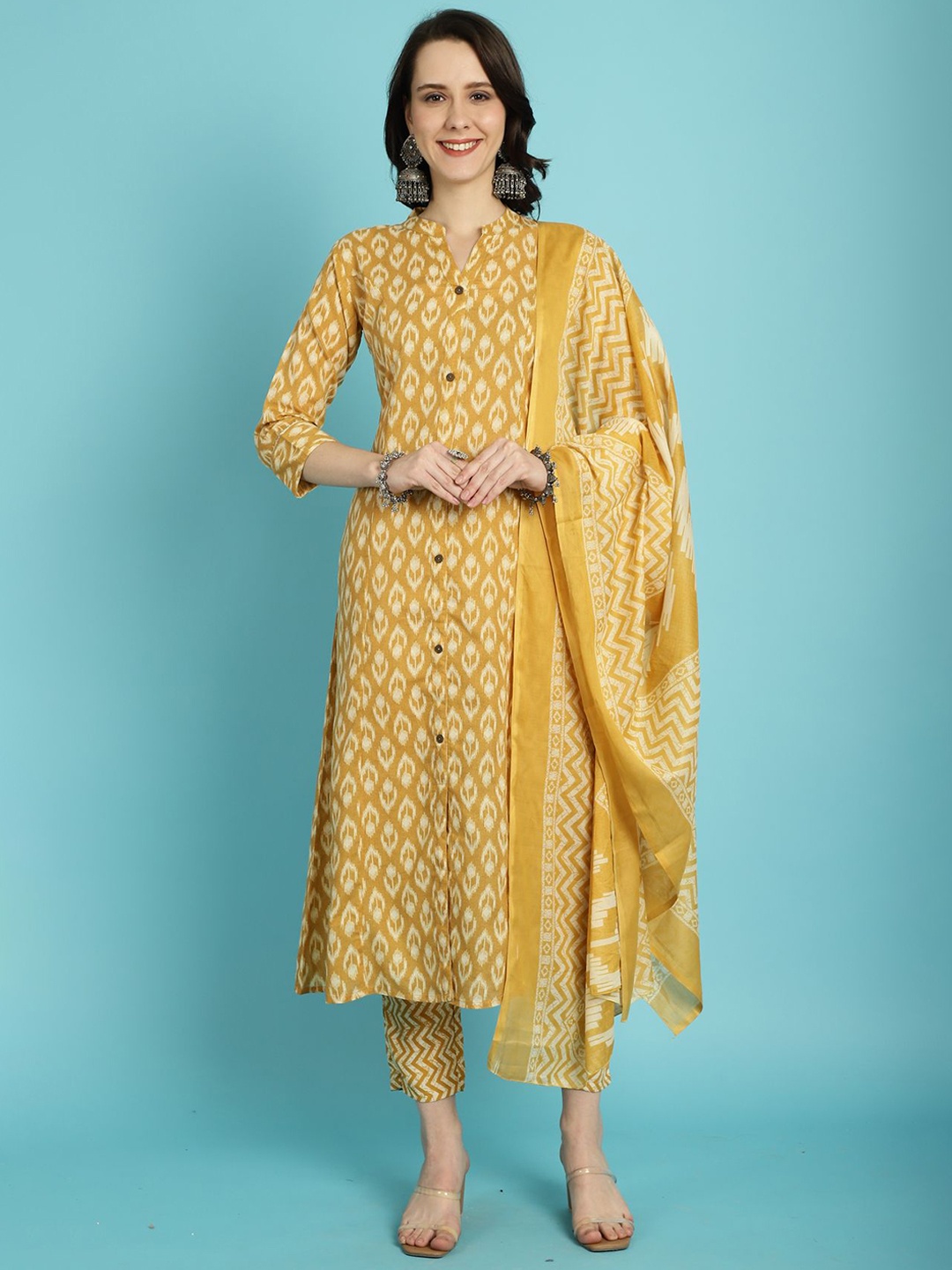 

KALINI Ethnic Motifs Printed A-Line Pure Cotton Kurta with Trousers & Dupatta, Mustard