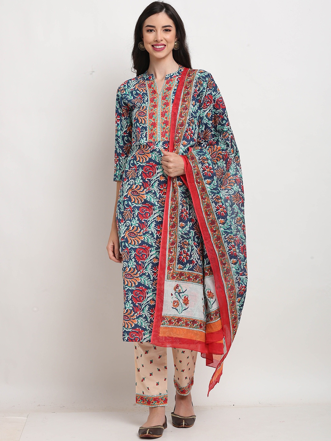 

KALINI Floral Printed Mandarin Collar Straight Kurta with Trousers & Dupatta, Blue